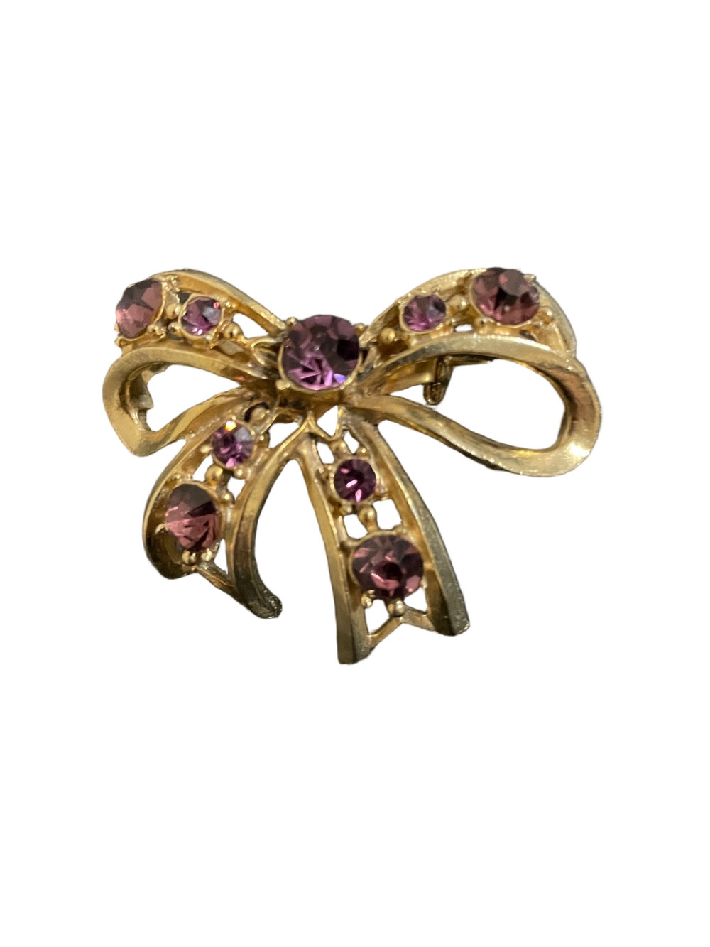 Vintage Coro Signed Gold-Tone Bow Brooch with Purple Stones